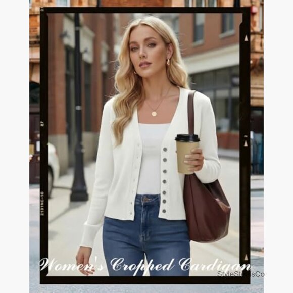 Lightweight Cropped Cardigan Set, V-Neck Button Down Long Sleeve Knit Sweaters - Picture 3 of 7